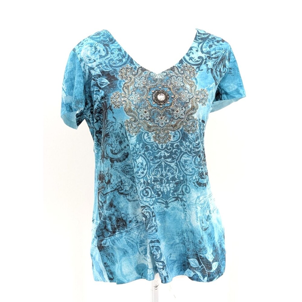 Dress Barn Y2K Teal Blue Studded Embellished Short Sleeve Top Blouse Size Med